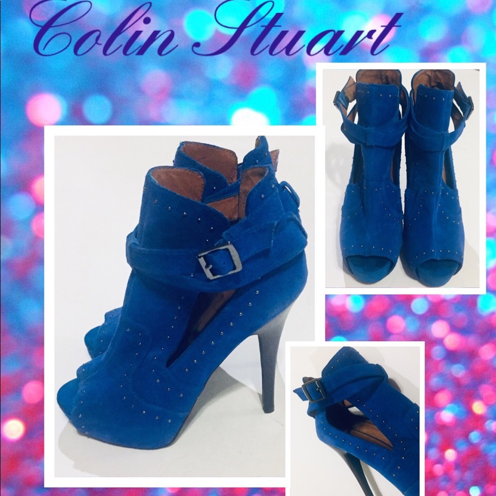 Colin Stuart Strappy Blue Suede Buckle Booties